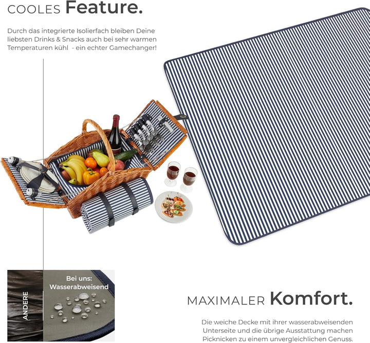 tectake® Picknickkorb und Picknickdecke 4 Personen, befüllter Picnic Basket Weidenkorb für Ausflug,