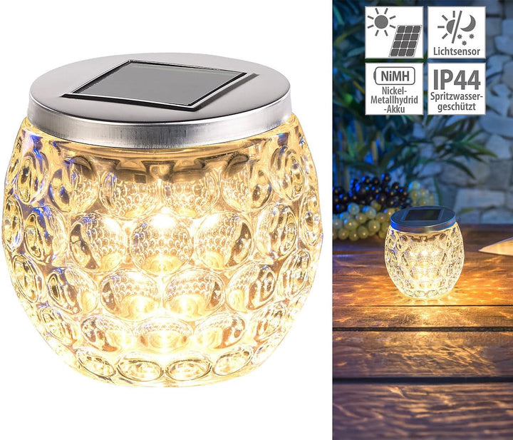 Lunartec Solar Tischlicht: Solar-LED-Windlicht aus Glas, mit tollem Lichtmuster, IP44, Ø 10 cm (Tisc