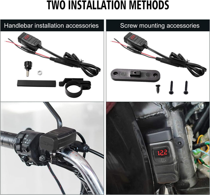 Kriogor Dual USB Motorcycle Car Charger, 3.0 Quick Charger and 6-30 V LED Voltmeter with Independent