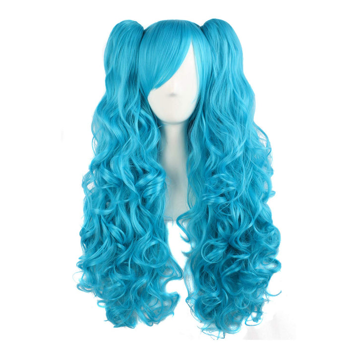 MapofBeauty Lolita lange lockige geheftet auf Pferdeschwanz Cosplay Perücke (Azurblau) 70 cm (1er Pa