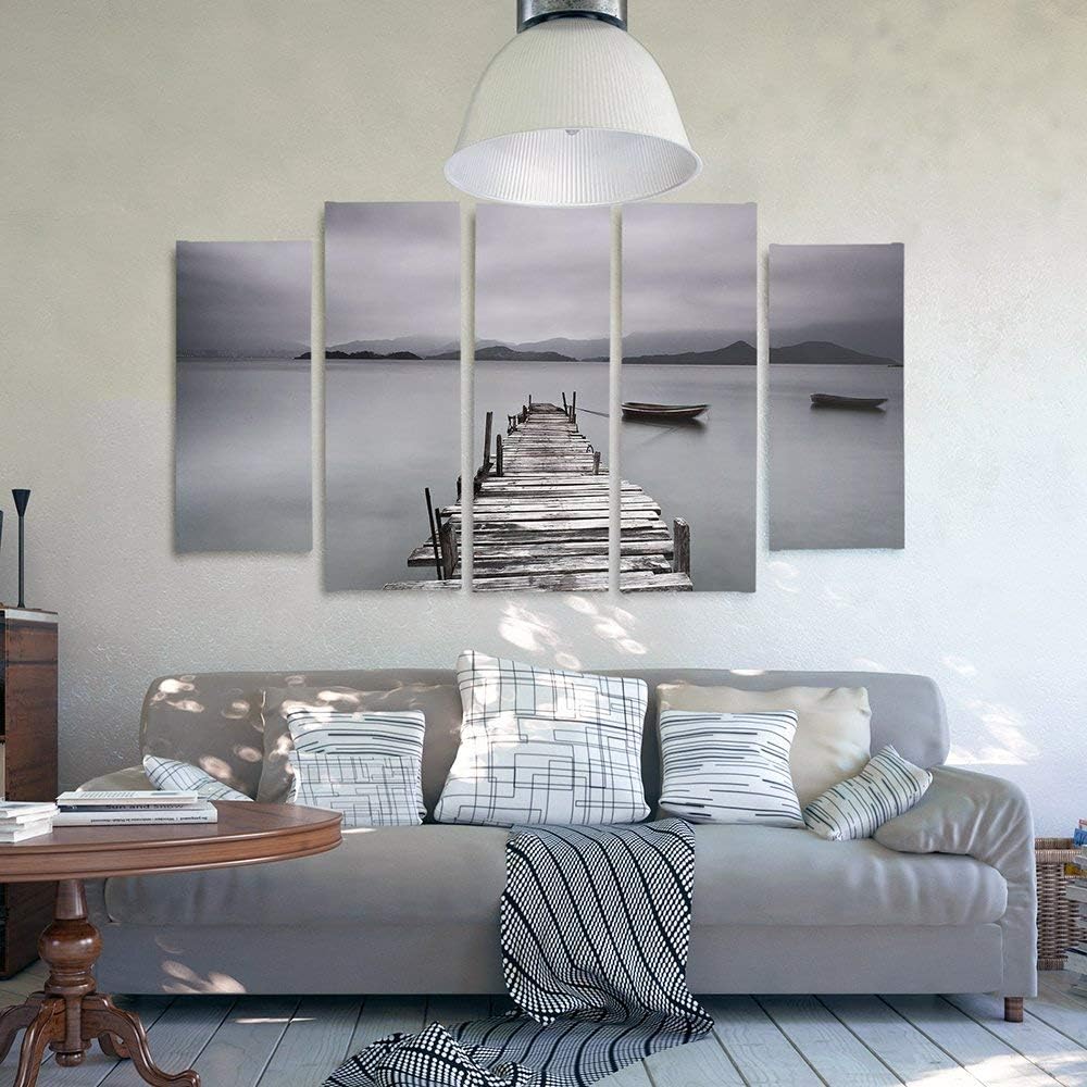 Feeby Frames, Leinwandbild Bilder Wand Bild - 5 Teile - Wandbilder Kunstdruck (BRÜCKE, SEE, GRAU) 15