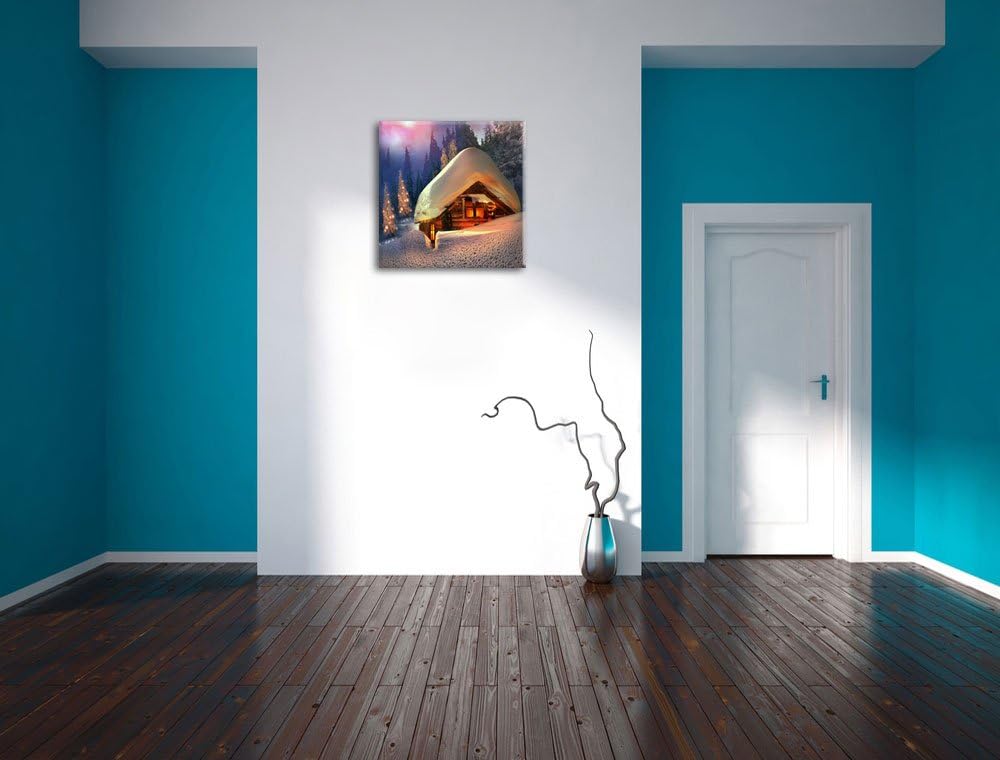 Pixxprint Hütte in Schneelandschaft / 70x70cm Leinwandbild bespannt auf Holzrahmen/Wandbild Kunstdru