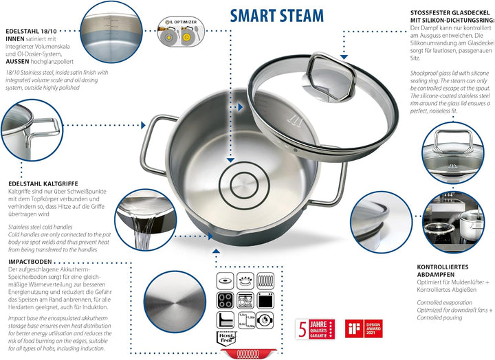 ELO Topfset 4-teilig Smart Steam, Edelstahl 18/10, integriertes Öl-Dosiersystem (Oil Optimizer), Vol