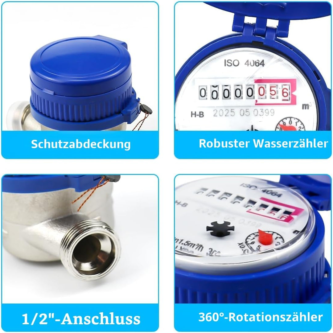 Wasserzähler für den Garten, 1/2 Zoll, kalibrierter Kaltwasserzähler, Wasserhahnzähler mit Montagezu