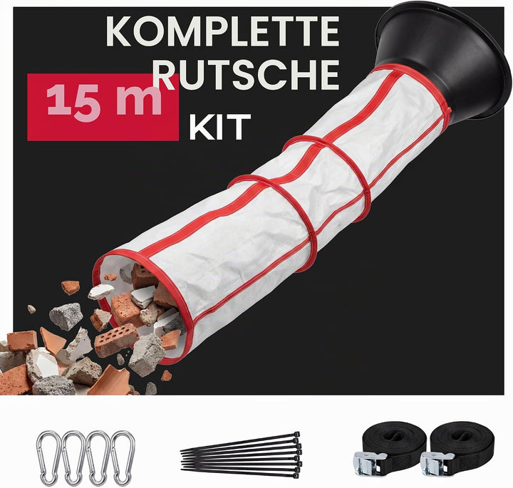 Flexible Schuttrutsche 15m | Bauschuttrutsche mit Einfülltrichter | Spanngurten, Robuste Abfallrutsc