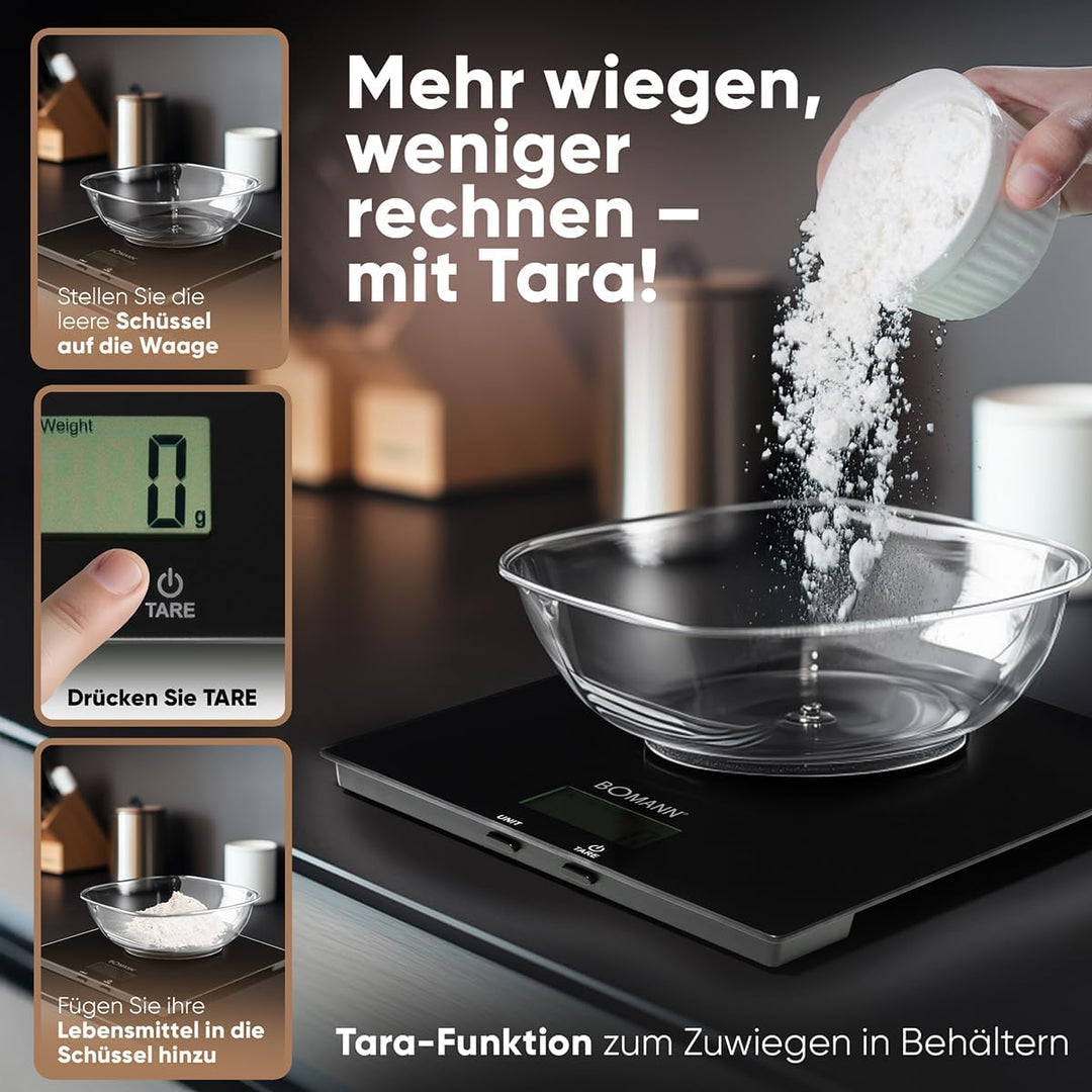 Bomann Küchenwaage digital | hohe Präzision | 1g Schritte | bis zu 5kg | Zuwiegefunktion | stabiles