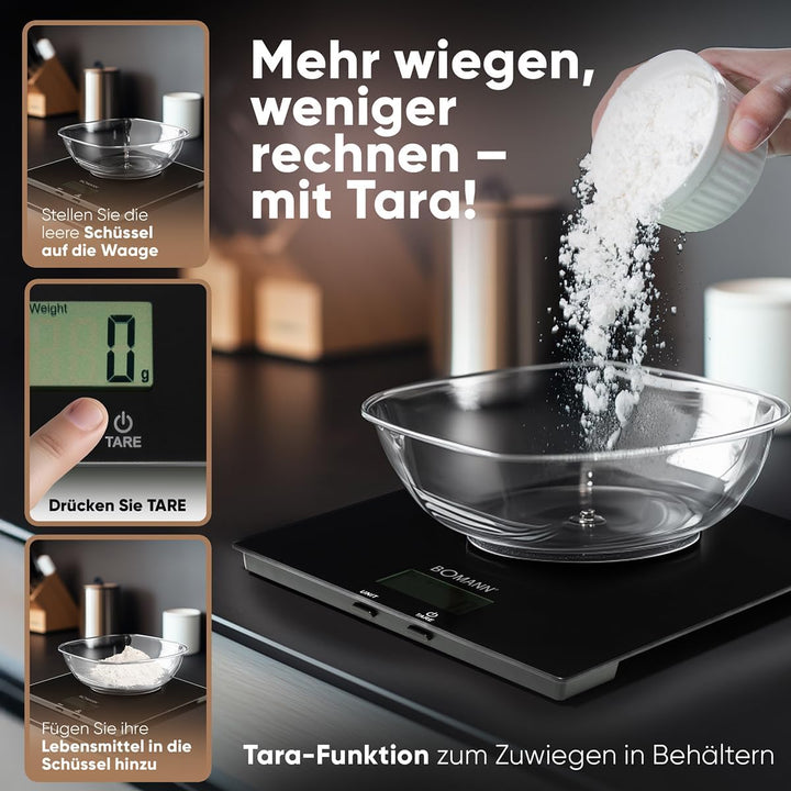 Bomann Küchenwaage digital | hohe Präzision | 1g Schritte | bis zu 5kg | Zuwiegefunktion | stabiles