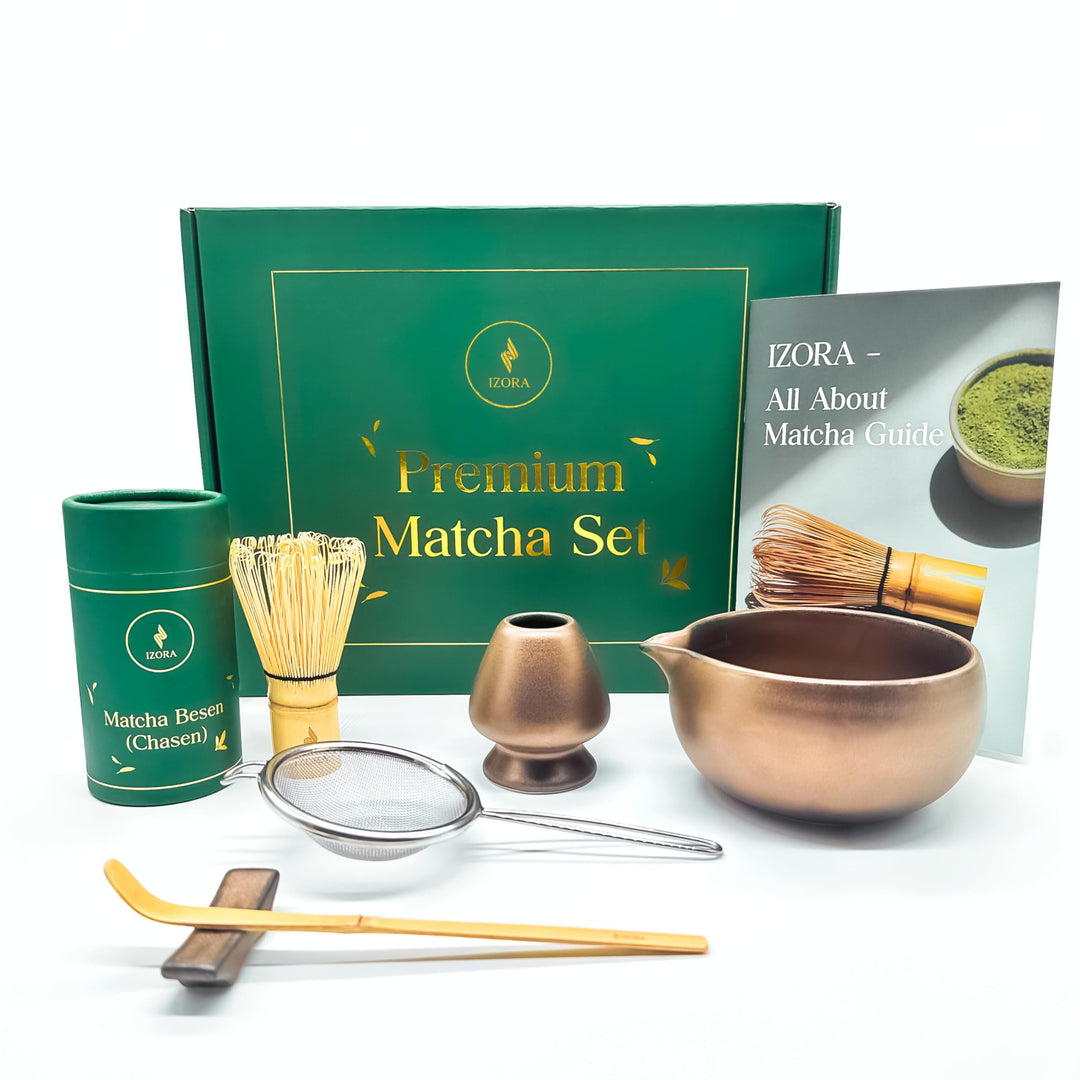 Izora Premium Matcha Set – handgefertigtes Zubehör aus Keramik & Bambus, inkl. Edelstahl-Sieb, Rezep