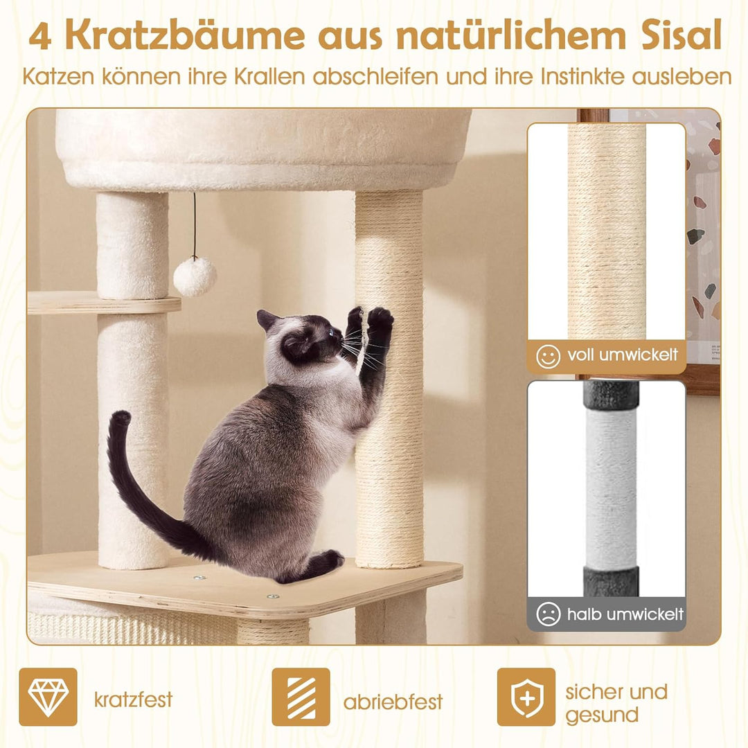 COSTWAY Kratzbaum Holz 143 cm, Katzenbaum mit Kratztonne, Sisal-Kratzsäulen, Plattform, Sisalbrett,
