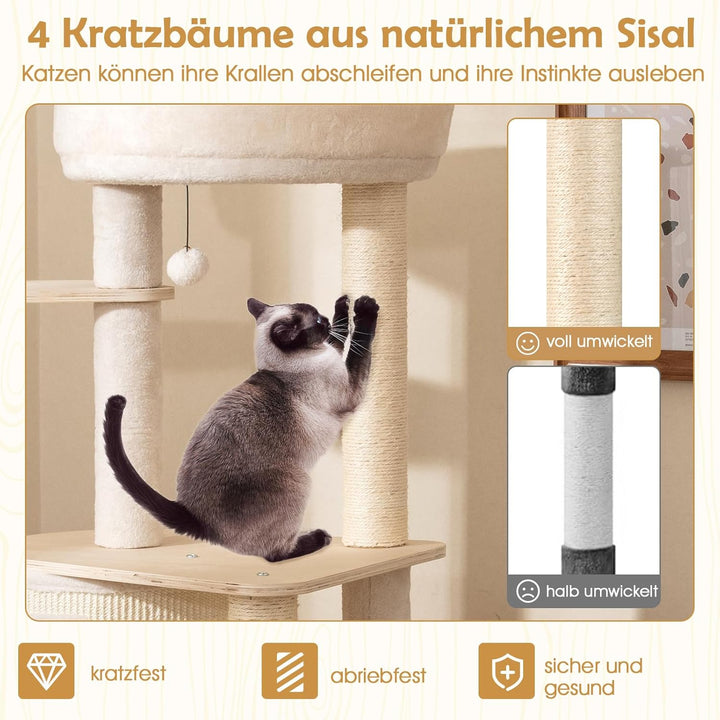 COSTWAY Kratzbaum Holz 143 cm, Katzenbaum mit Kratztonne, Sisal-Kratzsäulen, Plattform, Sisalbrett,