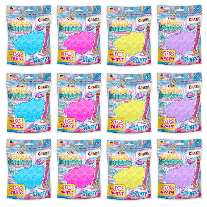 Craze Fluffy Mellow 12er Set - Knetmasse im Zipbeutel, 12x 25g luftige weiche Kinderknete mit Aroma,