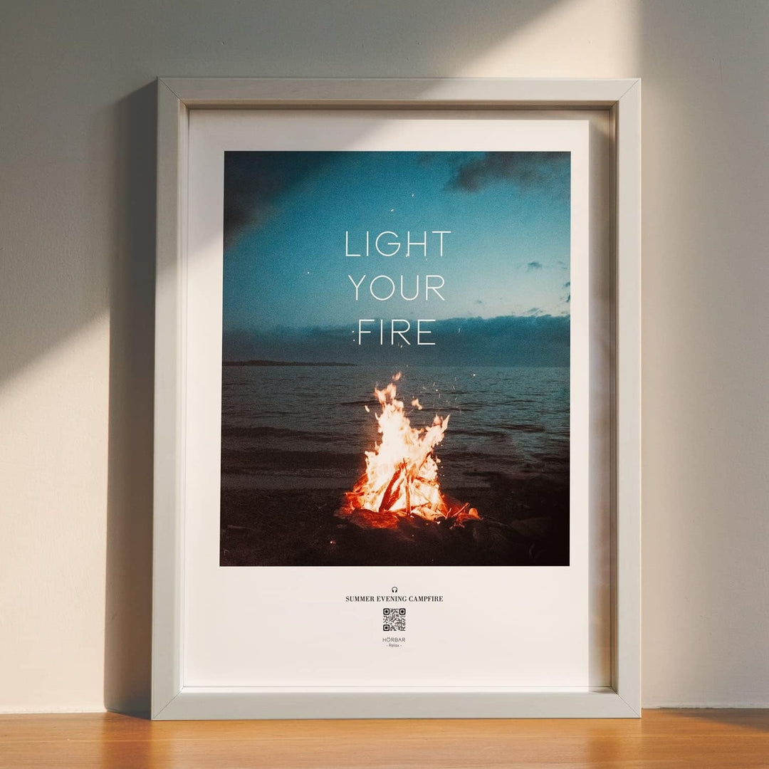 HÖRBAR RELAX | Hörbild | SUMMER EVENING CAMPFIRE | Light your fire | Im Rahmen Weisser Rahmen 32,5cm
