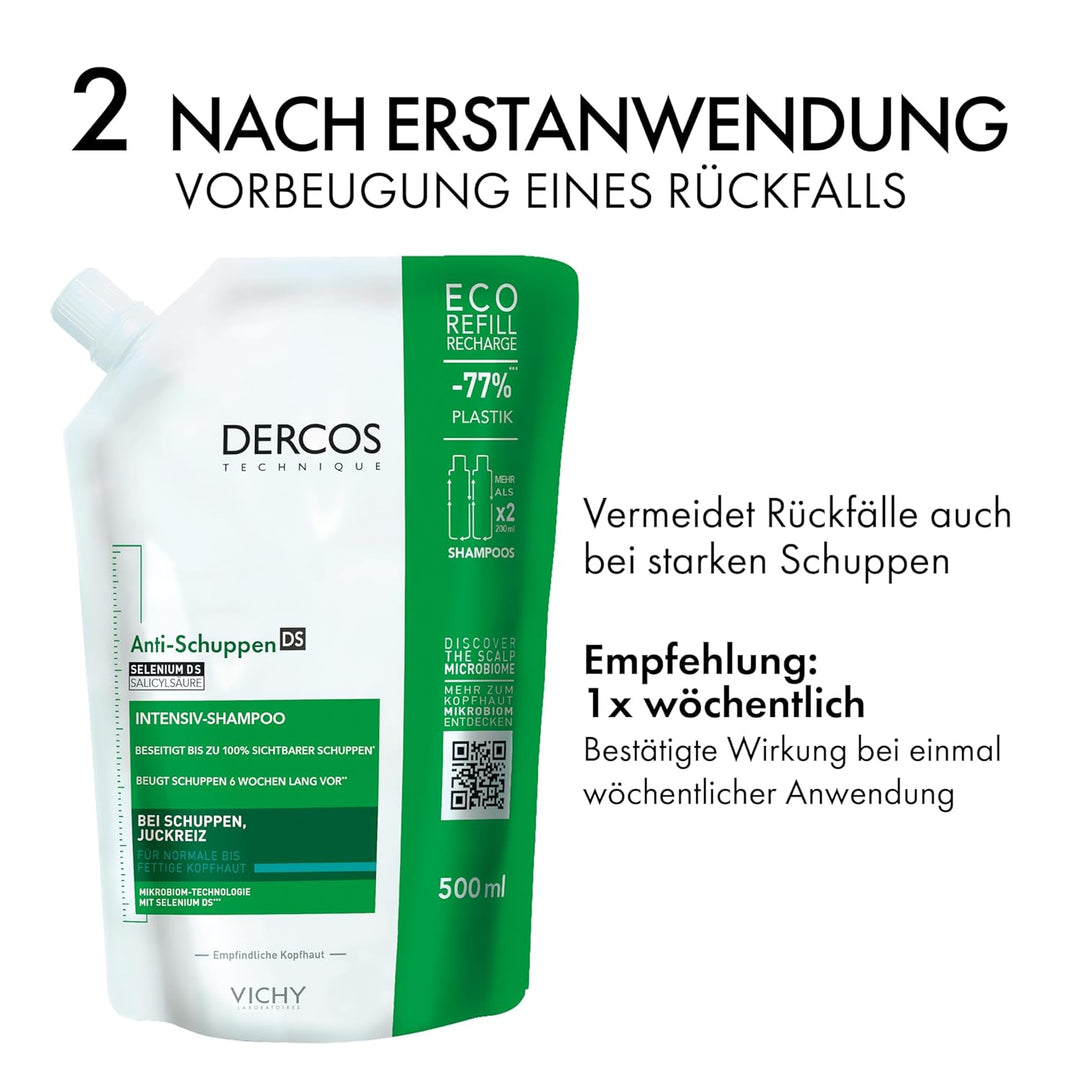 Vichy Dercos Anti-Schuppen Behandlung Shampoo für normales bis fettiges Haar, Nachfüllpackung, 500 m