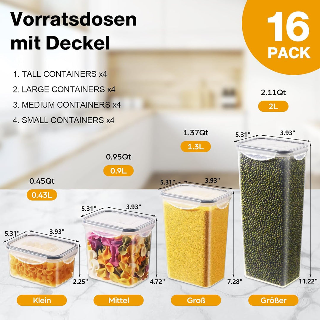 YASHE 16 Stück Vorratsdosen mit Deckel, Luftdicht Vorratsdosen Set, Kunststoff BPA-freie, Frischhalt