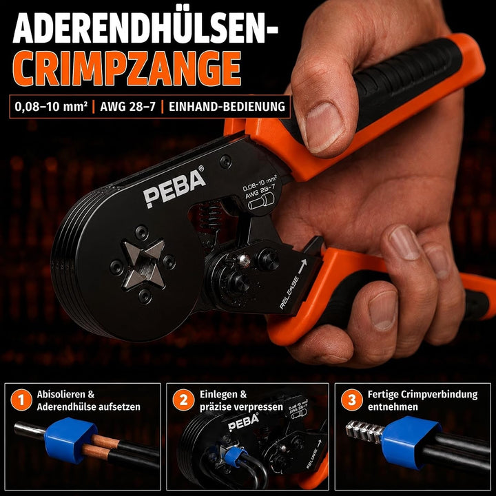 PEBA Vierkant Crimpzange Set mit 33 Grössen Aderendhülsen 0,25–10 mm² inkl. Twin Hülsen, selbstjusti