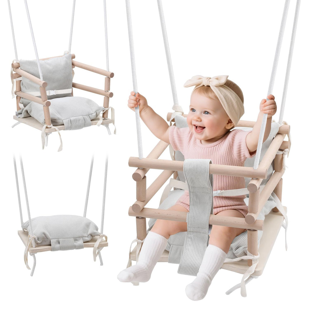 Babyschaukel Indoor &amp; Kinderschaukel Outdoor 3-in-1 aus Holz, Höhenverstellbar (160-260cm) mit Abneh