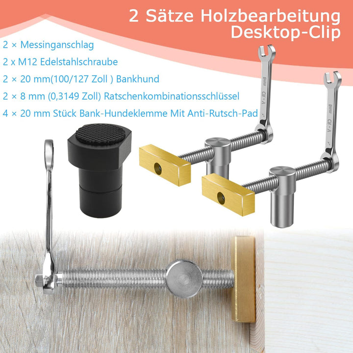 2 Stück Tisch Werkbank Klemme mit 4 Stück Bank-Hunde für Bankhaken 20mm-Loch, Holzbearbeitung Schrei
