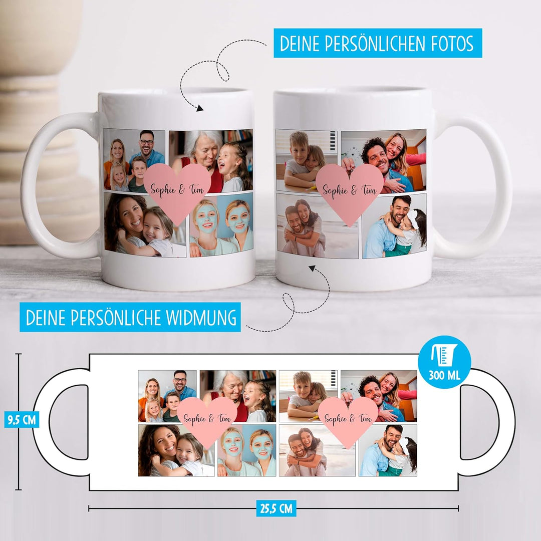 OWLBOOK® Personalisierte Tasse mit 8 Fotos & Spruch selbst gestalten | Fototasse mit eigenem Bild &