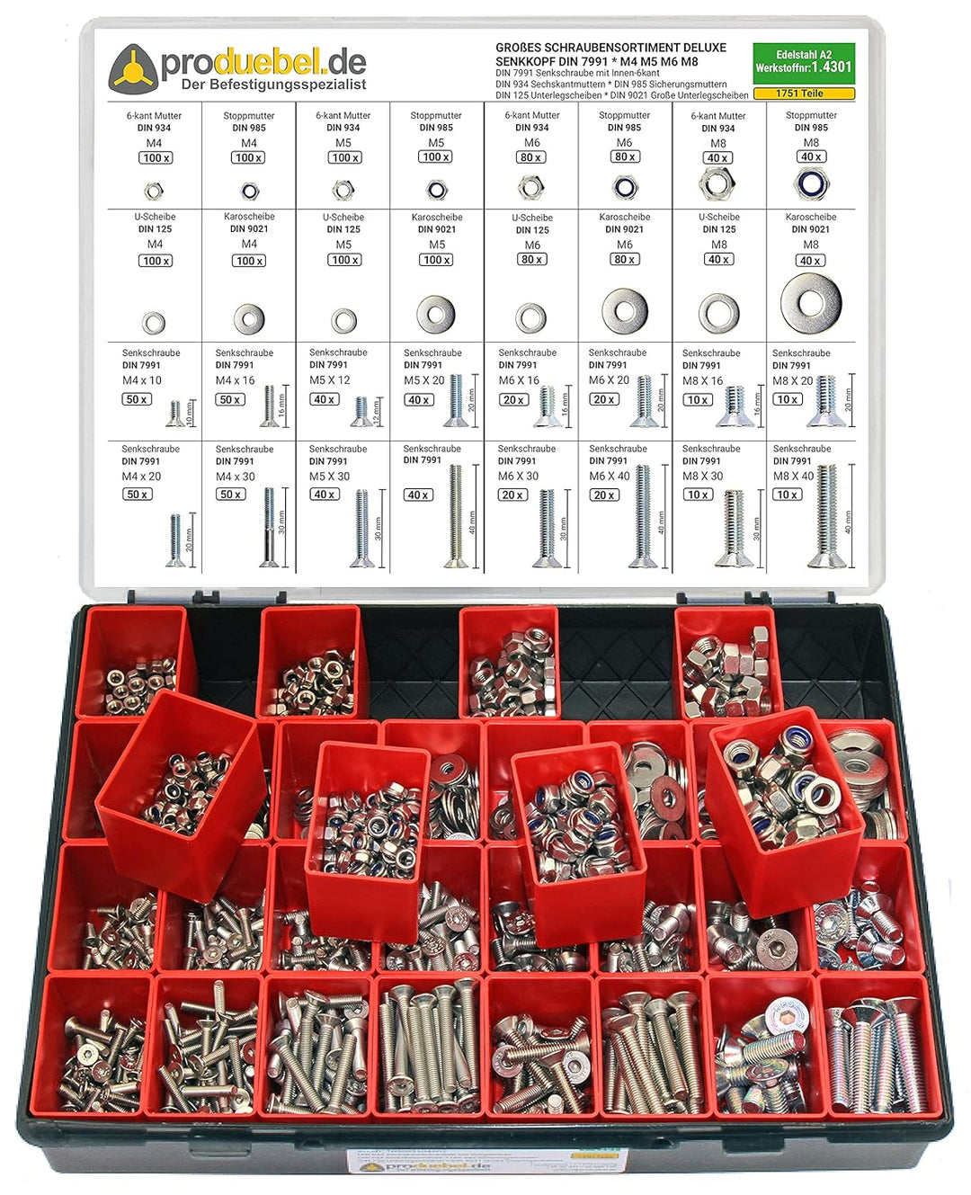 Grosses Schrauben-Sortiment DIN 7991 Senkkopf M4/M5/M6/M8 Edelstahl A2 V2A (DIN 7991+934+985+125+902