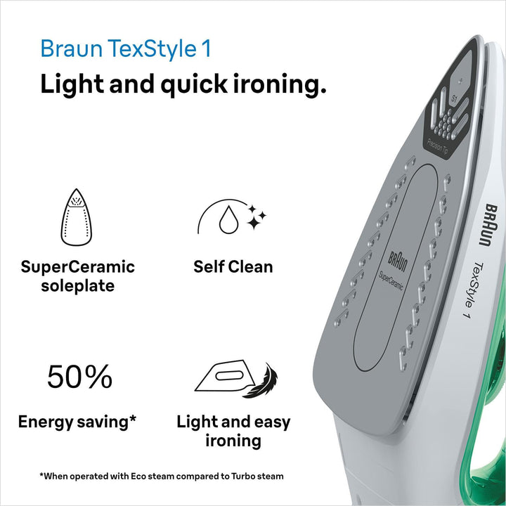 Braun TexStyle 1 Dampfbügeleisen SI 1040GR - Bügeleisen mit SuperCeramic Bügelsohle, Vertikaldampf,