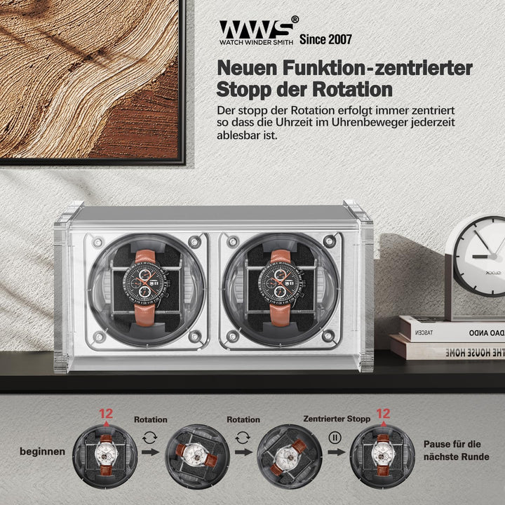 Watch Winder Smith Uhrenbeweger mit Mittelrotationsstoppfunktion – für 2 Uhren – geeignet für grosse