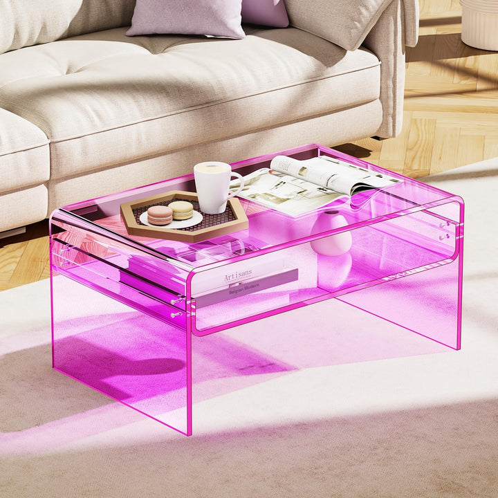 Acryl Couchtisch, Durchsichtig Acrylglas Couch Tisch für Wohnzimmer, Rosa, 80 x 50 x 38 cm Rosa 80 x
