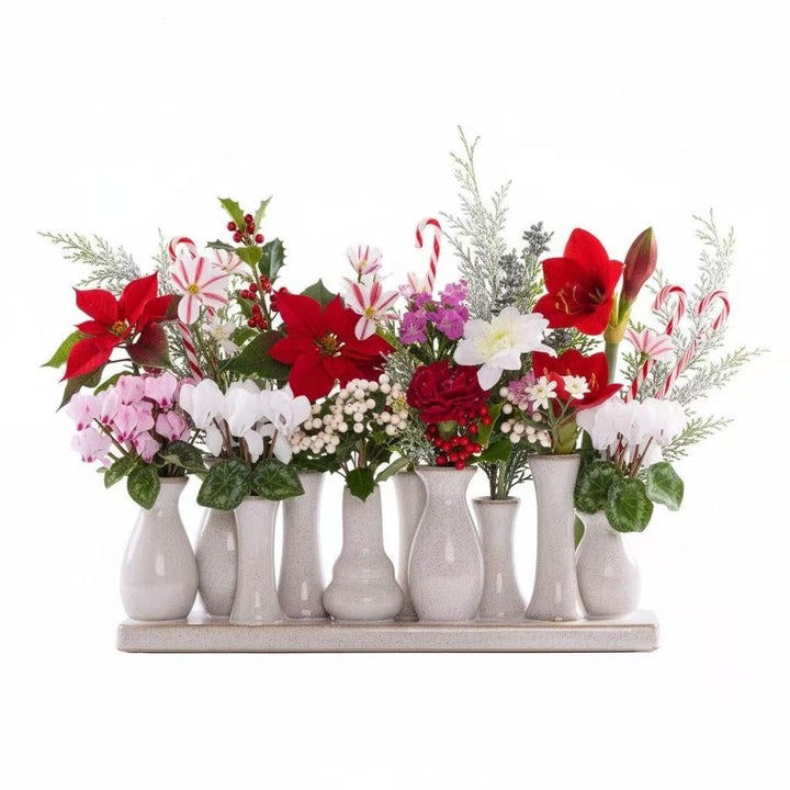 Jinfa Keramikvasen Set – 10 kleine Vasen auf Sockel – Antik-Weiss – Handgefertigte Mini Vasen – Boho