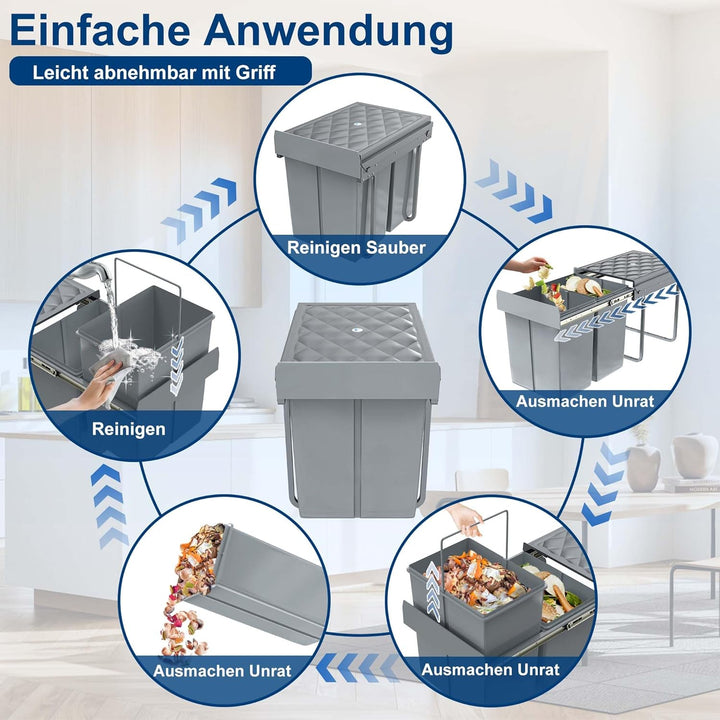 AufuN Einbaumülleimer Abfallsammler Mülleimer Küche Unterschrank Auszug, Mülltrennungssystem 2 Fäche