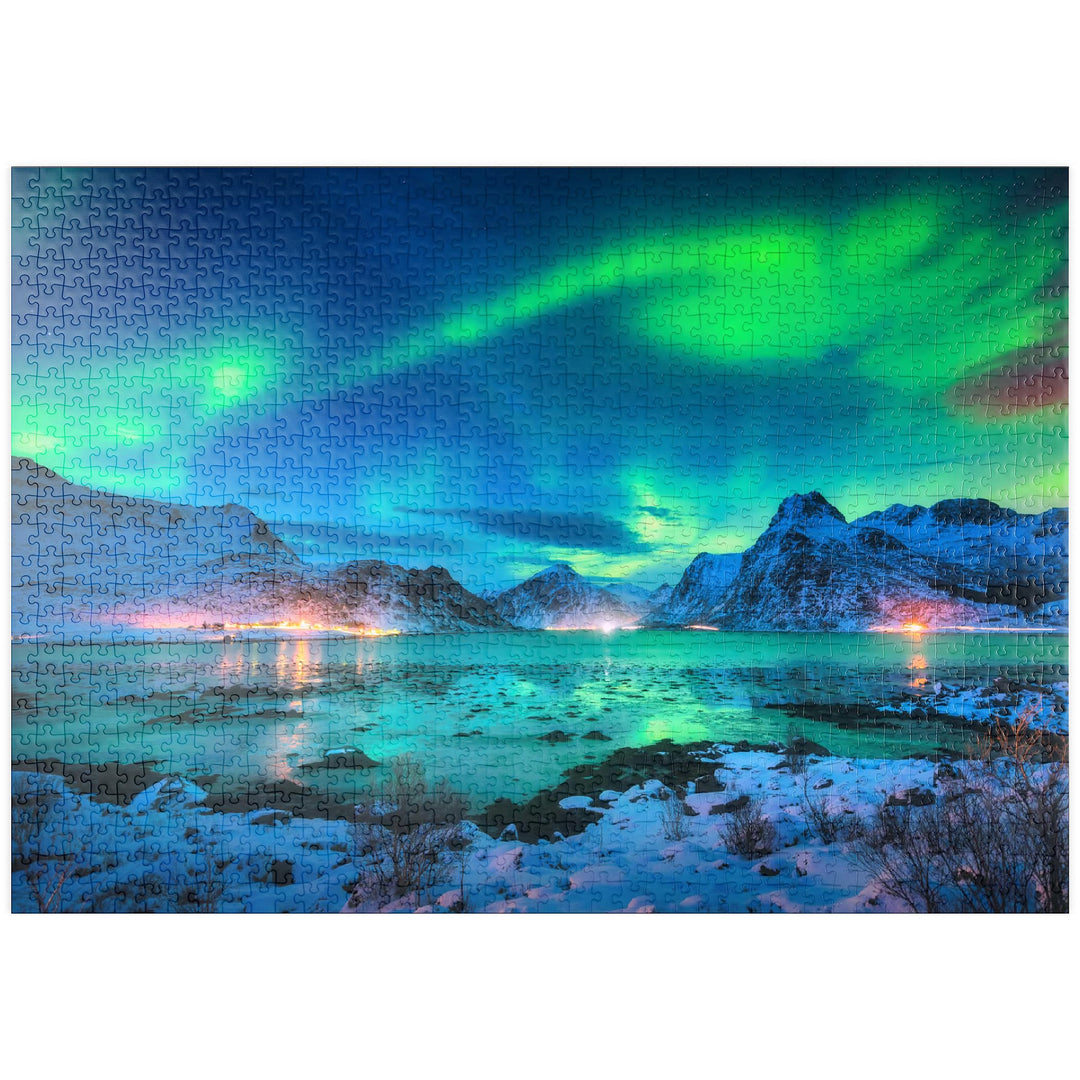 Nordlichter (Aurora Borealis) auf den Lofoten-Inseln, Norwegen - Premium 1000 Teile Puzzle - MyPuzzl