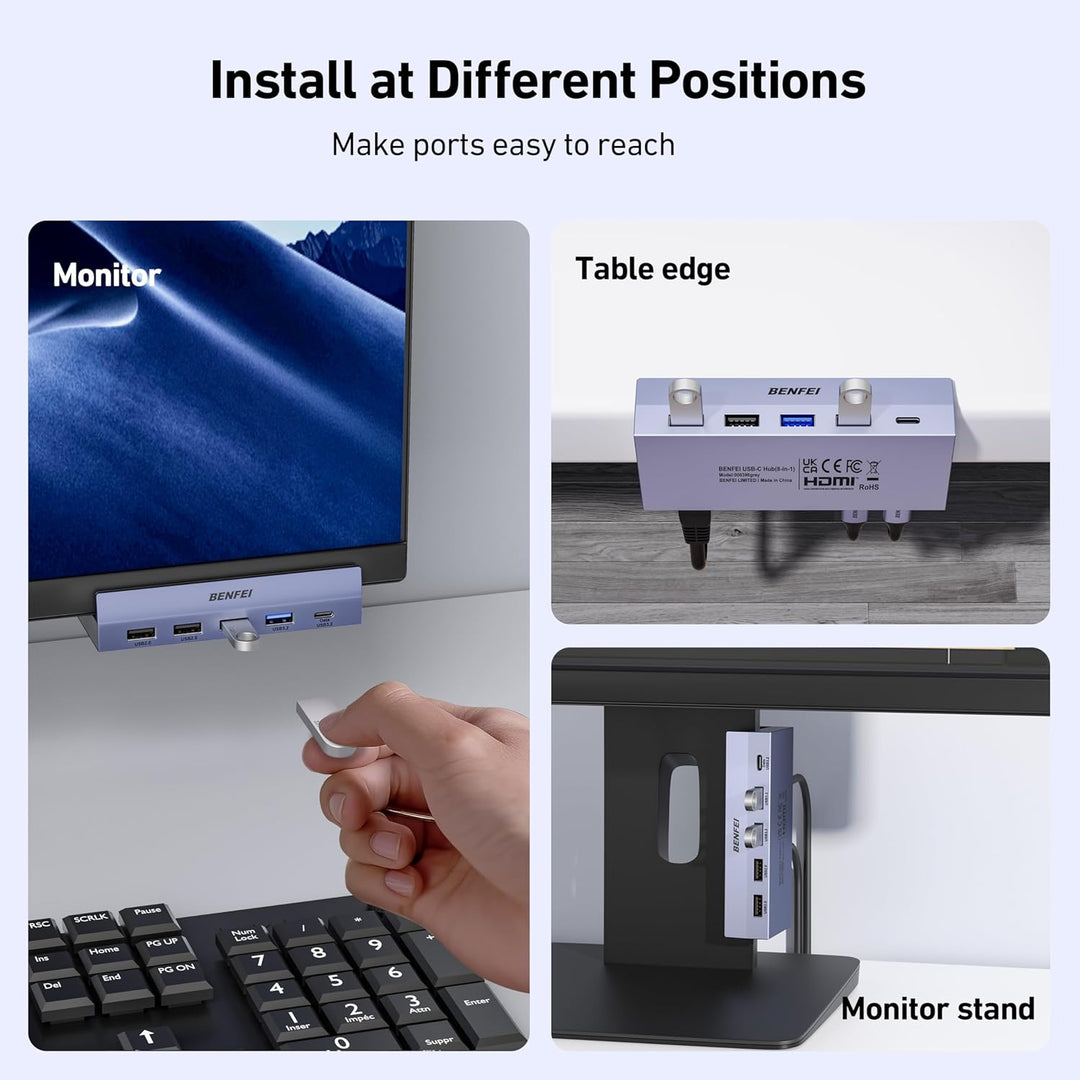 BENFEI 8-in-1 USB C Hub mit sicherer Klemmfunktion – Mit 4K@60Hz HDMI, Gigabit Ethernet, 100W PD, 10