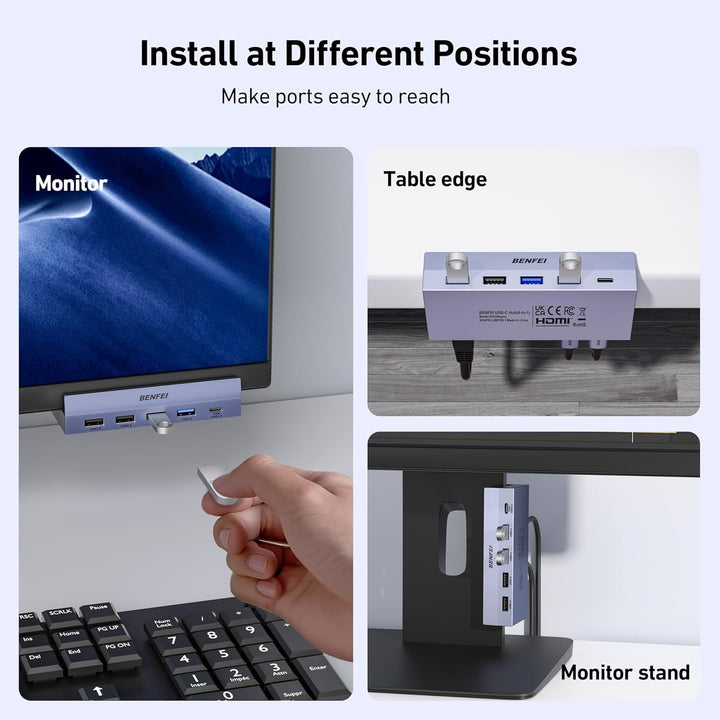 BENFEI 8-in-1 USB C Hub mit sicherer Klemmfunktion – Mit 4K@60Hz HDMI, Gigabit Ethernet, 100W PD, 10