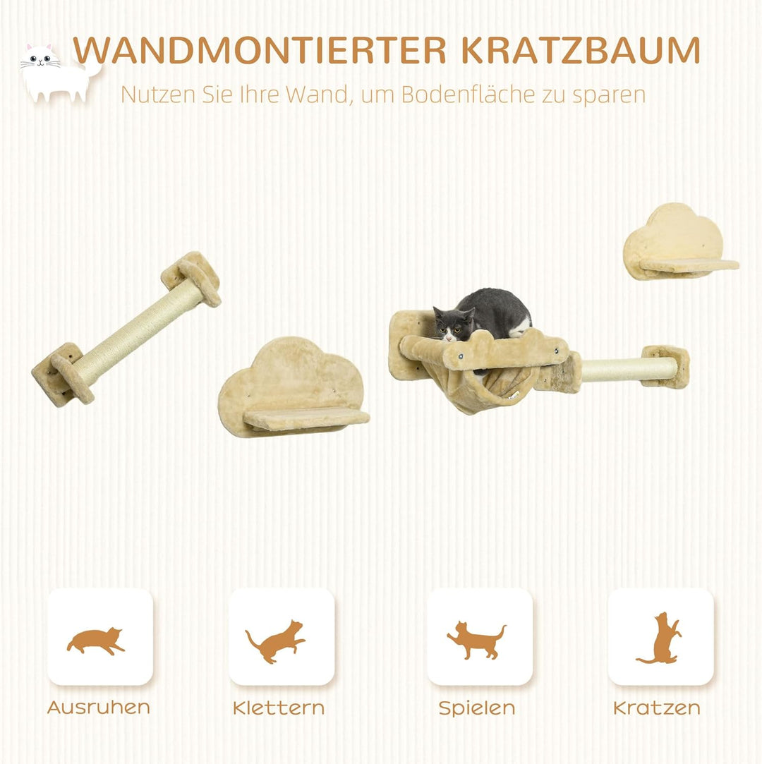 PawHut Kletterwand Katzen, 5-teilig Katzenkletterwand Set, Katzen Wandelemente mit 2 Kratzstämmen, 2