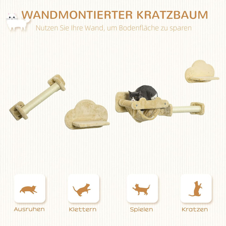 PawHut Kletterwand Katzen, 5-teilig Katzenkletterwand Set, Katzen Wandelemente mit 2 Kratzstämmen, 2
