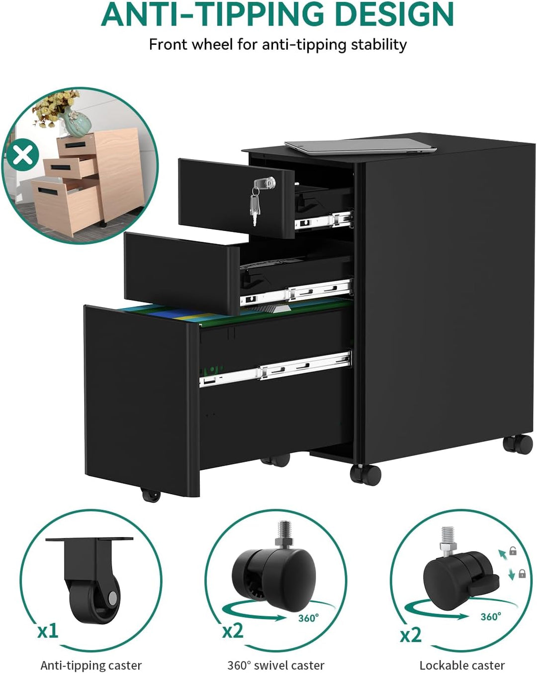 YITAHOME Rollcontainer, Abschliessbar Rollcontainer mit 3 Schubladen, Metall Mobiler Aktenschrank Bü