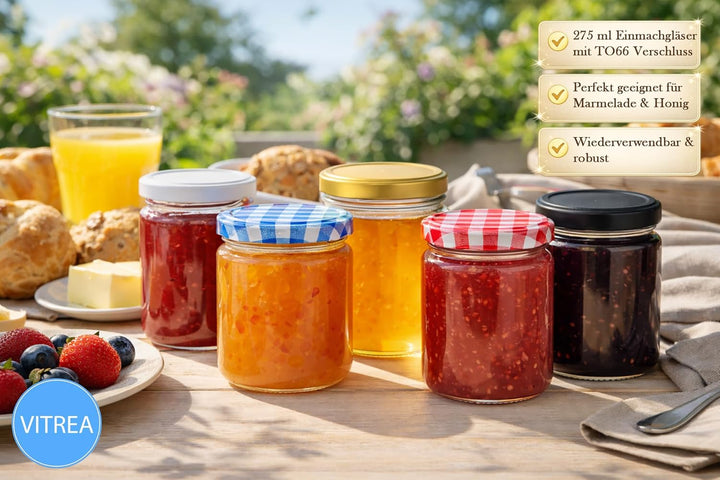Vitrea 200x Marmeladengläser 275 ml - mit Deckel Rot Kariert TO 66 - Einmachgläser zum befüllen mit