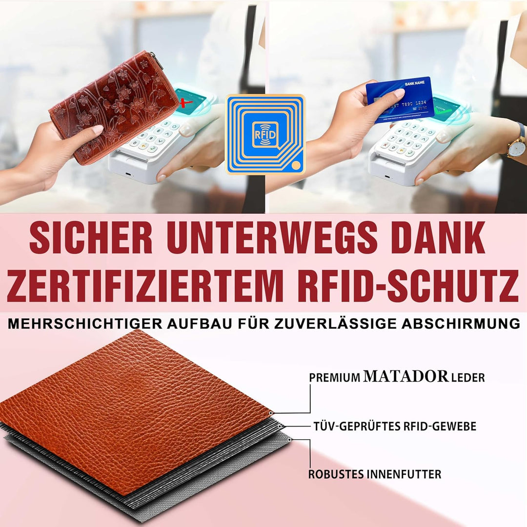 MATADOR Geldbörse Damen XXL Gross Leder Geldbeutel Doppelter Reissverschluss TÜV Geprüfter RFID & NF