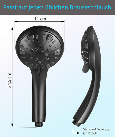 BLUMBACH ® Duschkopf schwarz wassersparend - Hochdruck Duschkopf Aqua Joy - 8 Strahlarten, Duschbrau