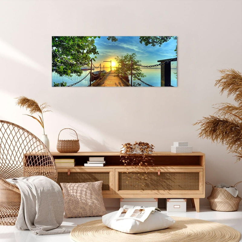 Wandbilder Dekoration Wohnzimmer See Sonnenuntergang Boot Landschaft Bilder auf Leinwand 120x50cm Le