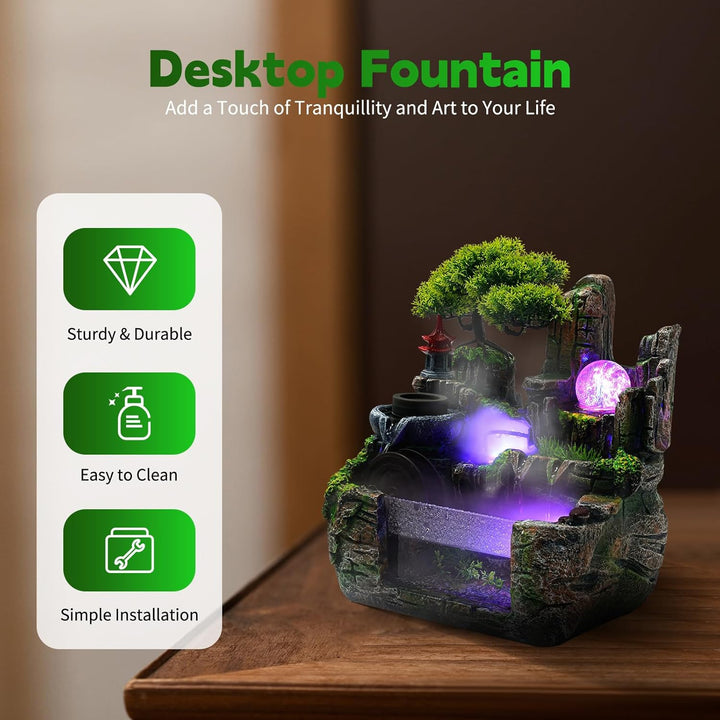 Sallurmose Desktop-Wasserbrunnen, Mini-Desktop-Wasserfallbrunnen mit rollender Kugel, Wasserrad, Des