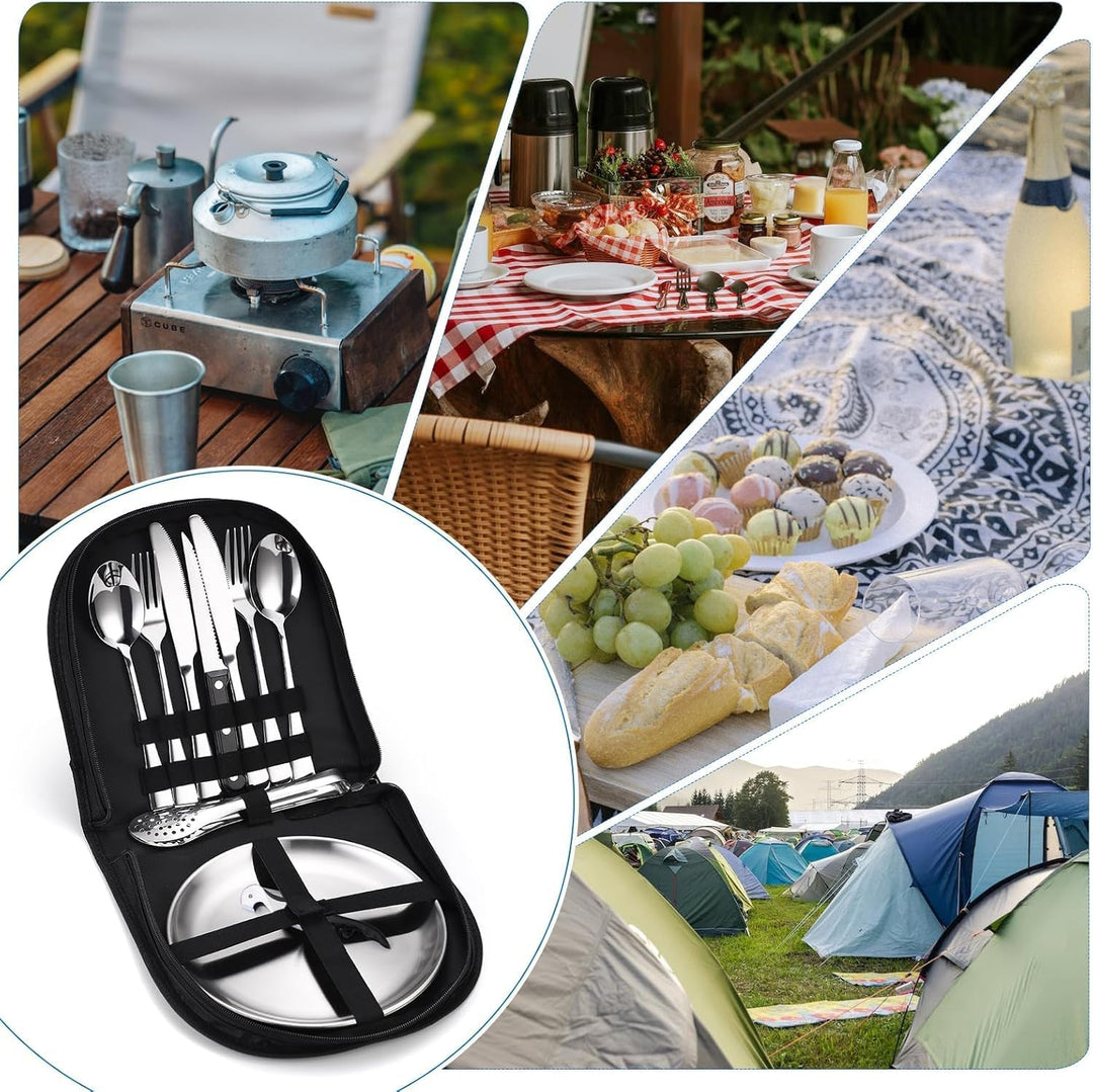 Camping Geschirr Set für 2 Personen 14-teilig Edelstahl Camping Bestecksatz | mit Tellern, Messern,