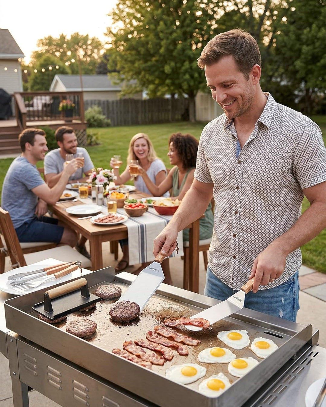Onlyfire Grillspachtel Plancha Kit – Edelstahl-Grillspachtel , Schaber und Gusseisen-Grillpresse für