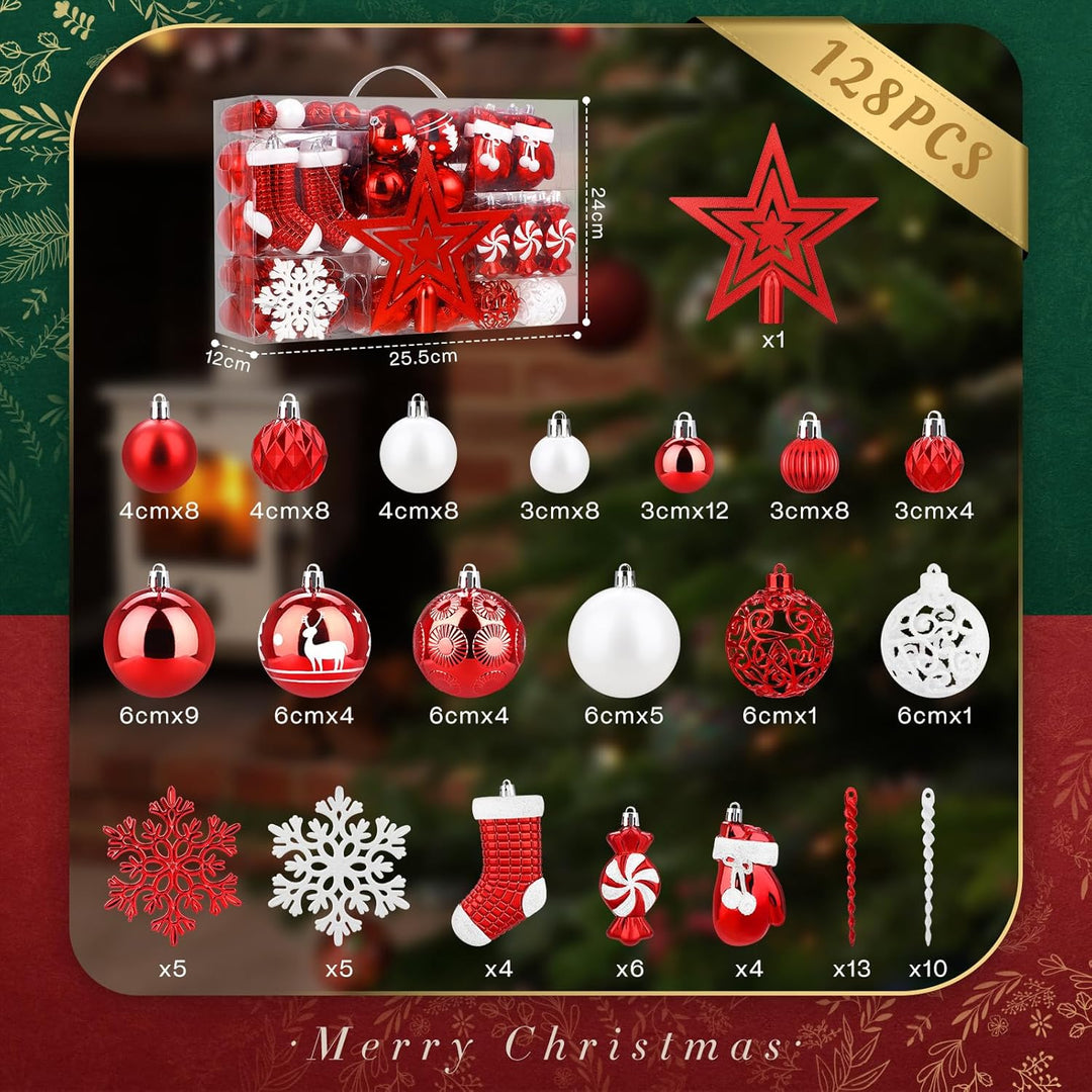 SOLEDI® 128er Set Premium Weihnachtskugeln Kunststoff Rot Weiss mit Baumspitze Stern - Robuste und S