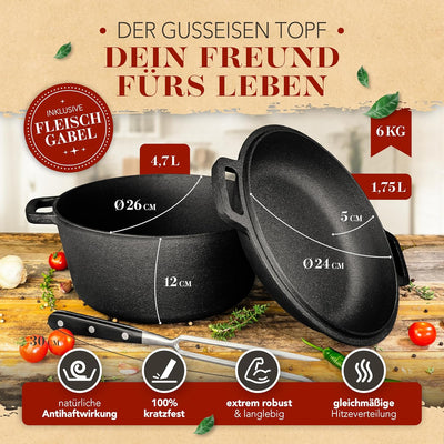KRUSTENZAUBER Gusseisen Topf [inkl. Fleischgabel] - Robuster 26cm Gusseisen Bräter mit Deckel Backof