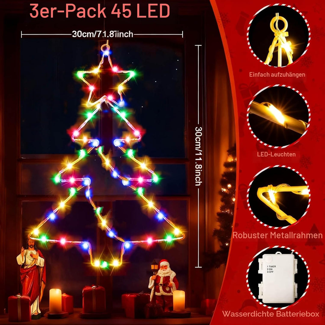 yowin Weihnachtsdeko Fenster 3 Stück 45 LED Weihnachtsbeleuchtung Batterie mit Timer, Fensterdeko We
