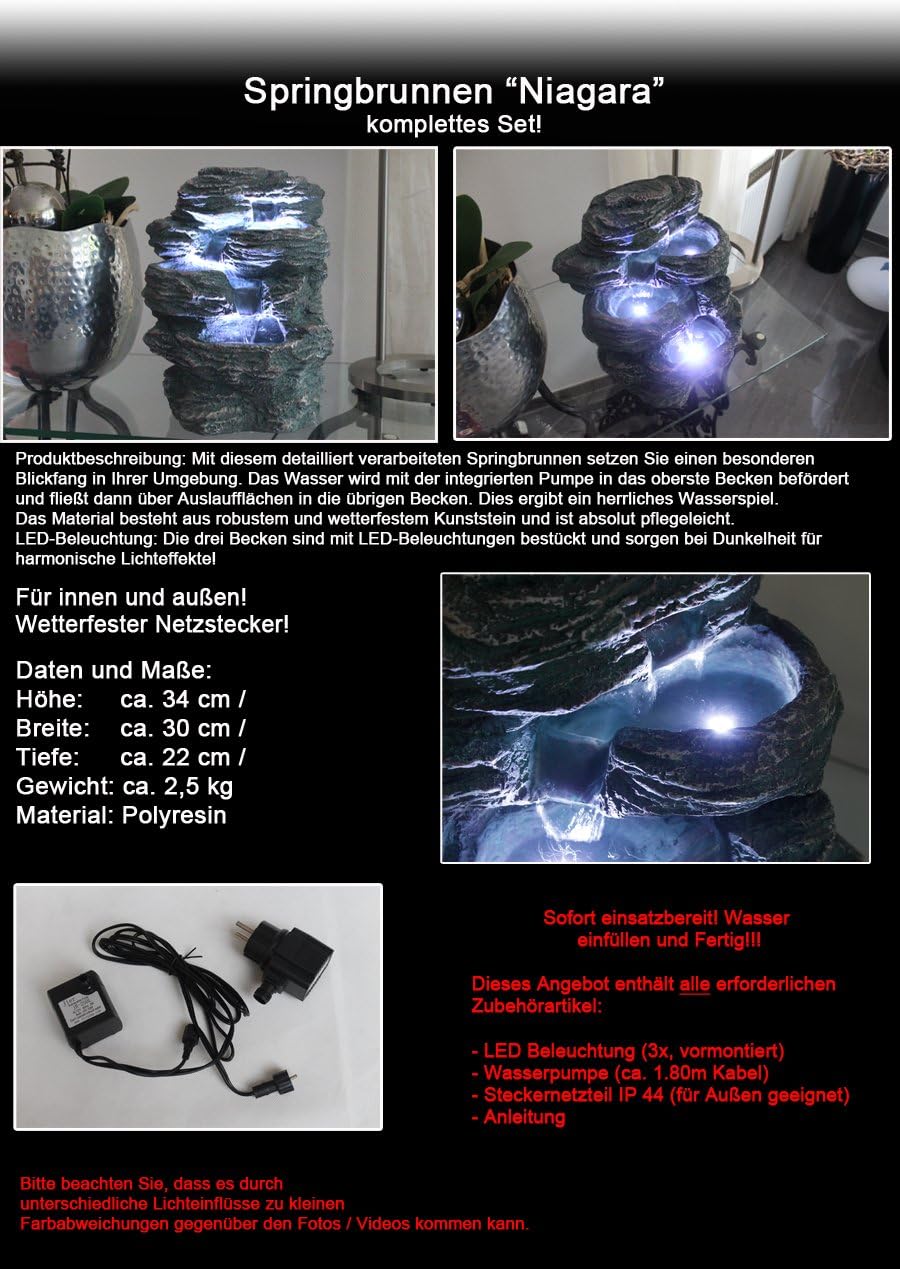 Arnusa Springbrunnen Niagara mit LED Beleuchtung IN-&Outdoor Zimmerbrunnen Gartenbrunnen