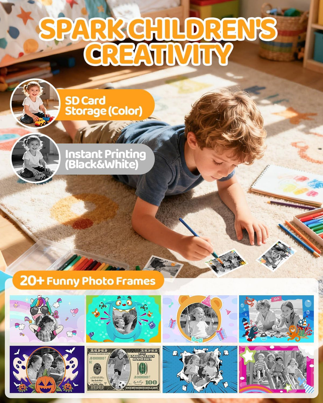 Kinderkamera Sofortbildkamera, 1080P HD Sofortbildkamera Kinder mit 32 GB Karte und 3 Papierrollen,