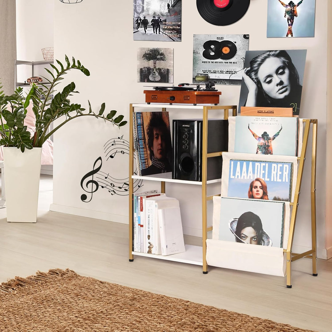 HYCFYJR Plattenspieler Ständer, Schallplatten Aufbewahrung mit 3-stufiger Vinyl Halter, Schallplatte
