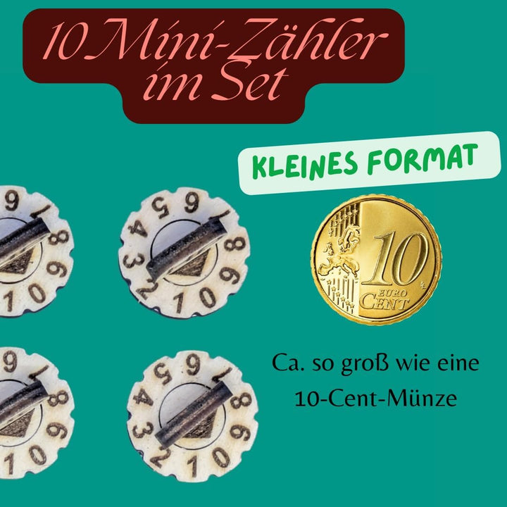 Mini Lebenspunkte-Zähler 0–9 aus Holz – 10er Set – 20 mm Einheitenmarker für Tabletop & Fantasy Spie