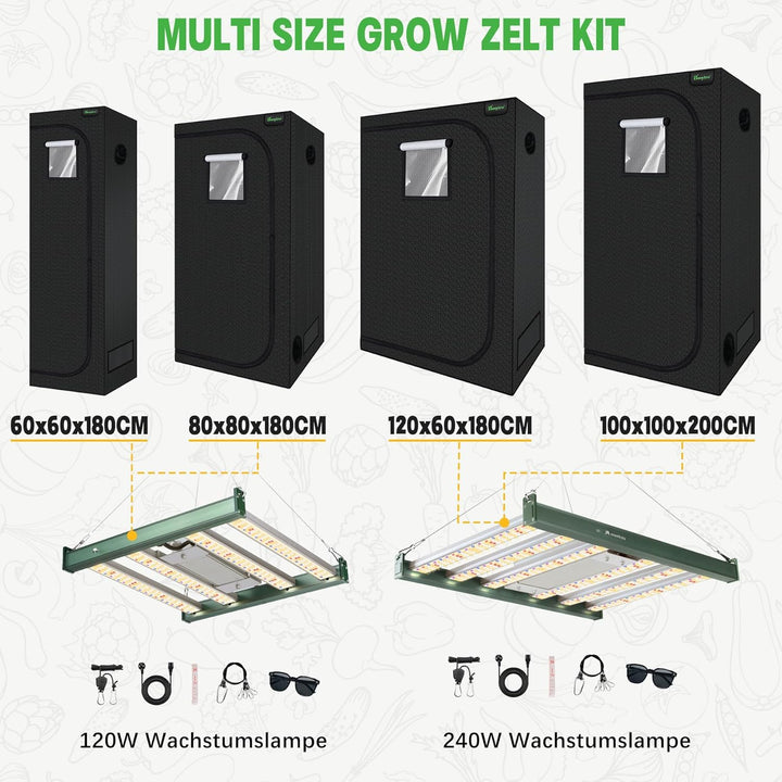 Growzelt Komplettset,Led Grow Tent Kit,240W LED Grow Lampe Vollspektrum,Komplettes Hydroponics 600D