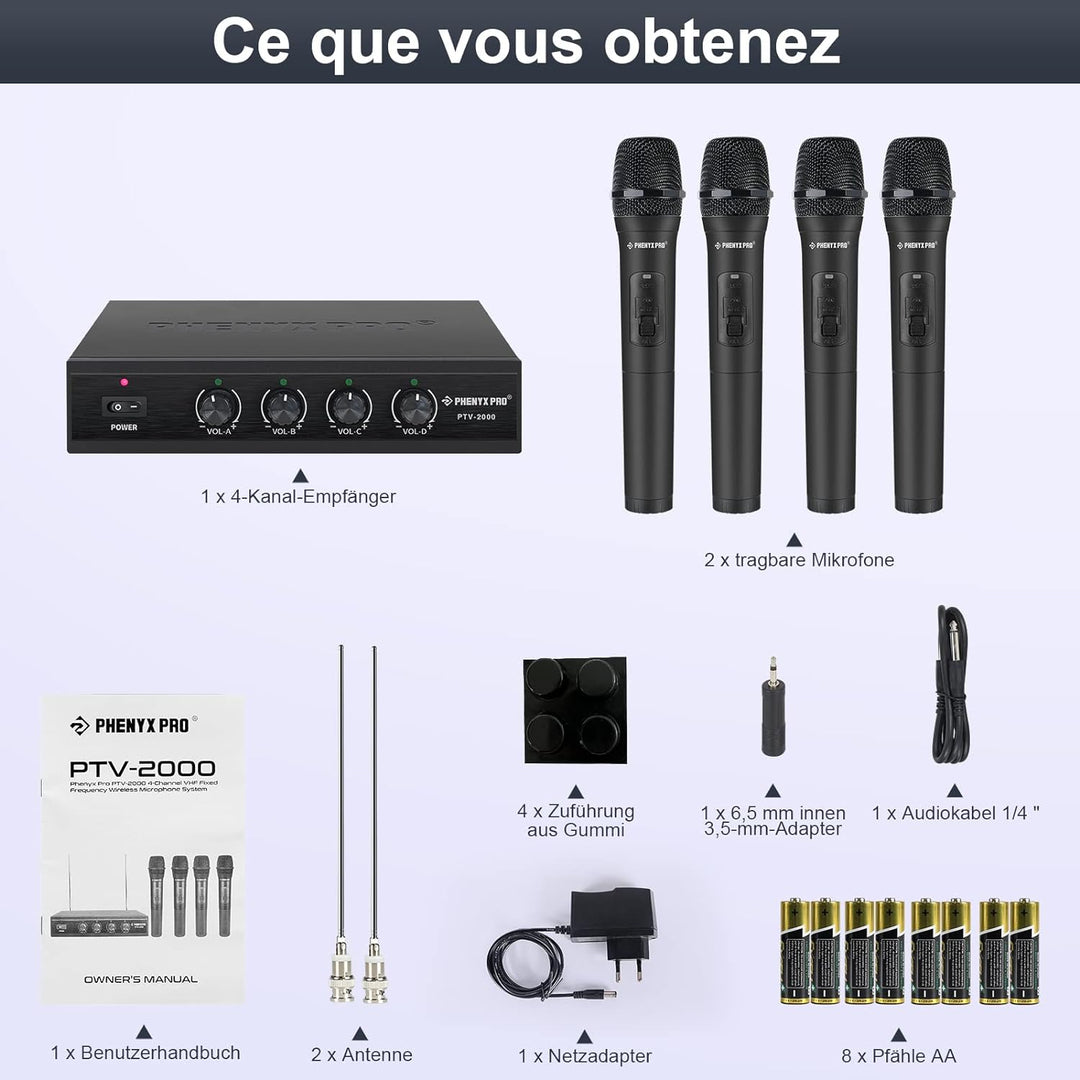 Phenyx Pro Sistema microfonico Wireless, microfoni Wireless VHF a 4 canali, Con 4 microfoni dinamici